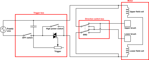 Схема подключение кнопки дрели - с реверсом, регулятором оборотов